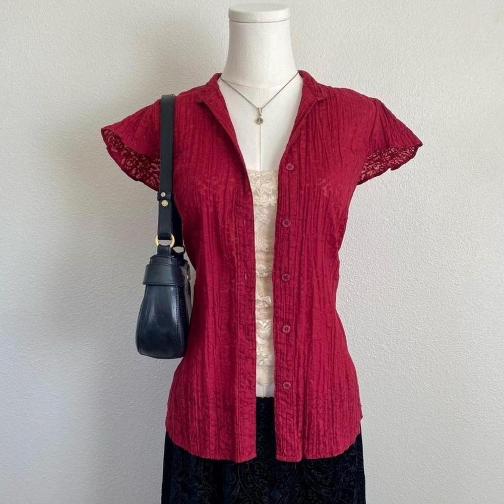 Y2K Apt. 9 Red Floral Button Up Cap Sleeve Blouse Whimsygoth Goth Romantic